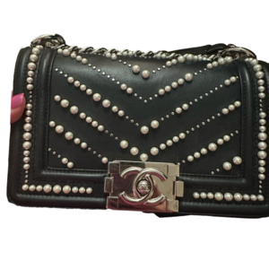 CHANEL Boy Bag Black Chevron with Pearls